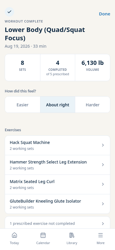 Final Diet Training on a phone: completed session summary with sets, completion, and volume.