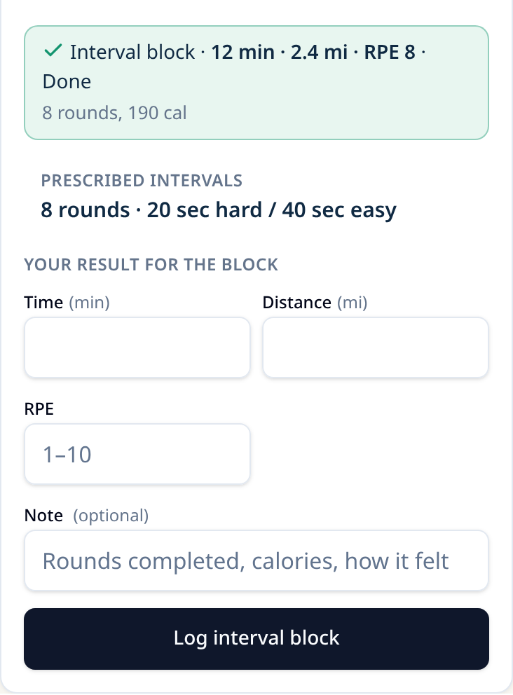Final Diet Training: Air Bike interval block logged as 12 min, 2.4 mi, RPE 8, with prescribed rounds and result fields.