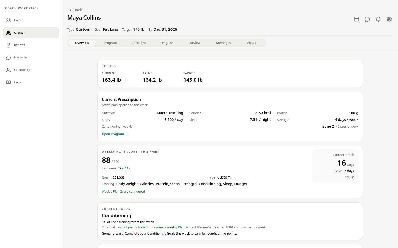 Client File overview showing current direction, prescription, score summaries, and coaching context.