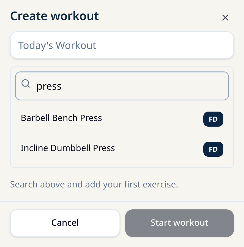 Final Diet Training: exercise search while building a session, showing matches for “press”.