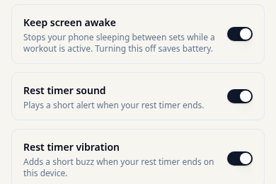 Final Diet Training settings: keep screen awake, rest timer sound, and rest timer vibration controls.