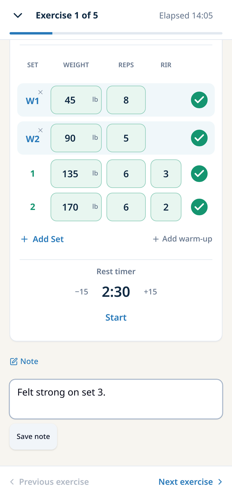 Final Diet Training logger on a phone: logged sets with weight, reps, and RIR, a running rest timer, and an exercise note.