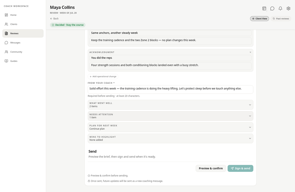 Weekly Review Prepare step showing the Client Brief with preview and confirm, then sign and send.