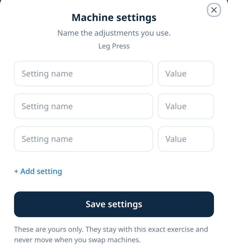 Final Diet Training: machine settings sheet for Leg Press with named setting and value fields.