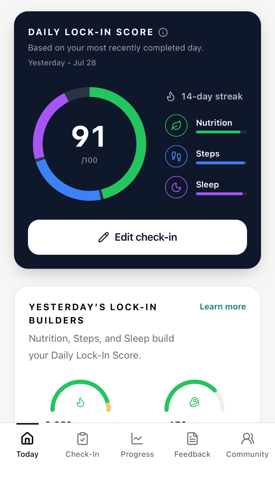 LockIn client home on a phone: the Daily Lock-In Score with nutrition, steps, and sleep, shown with test data.