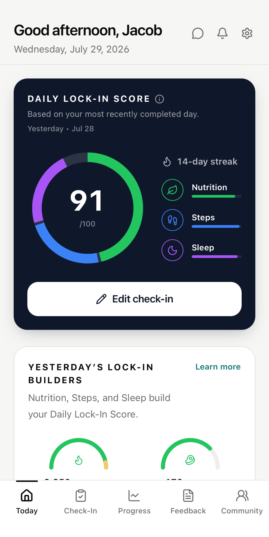 Client Home showing the Daily Lock-In Score, streak, and Nutrition, Steps, and Sleep contributors.